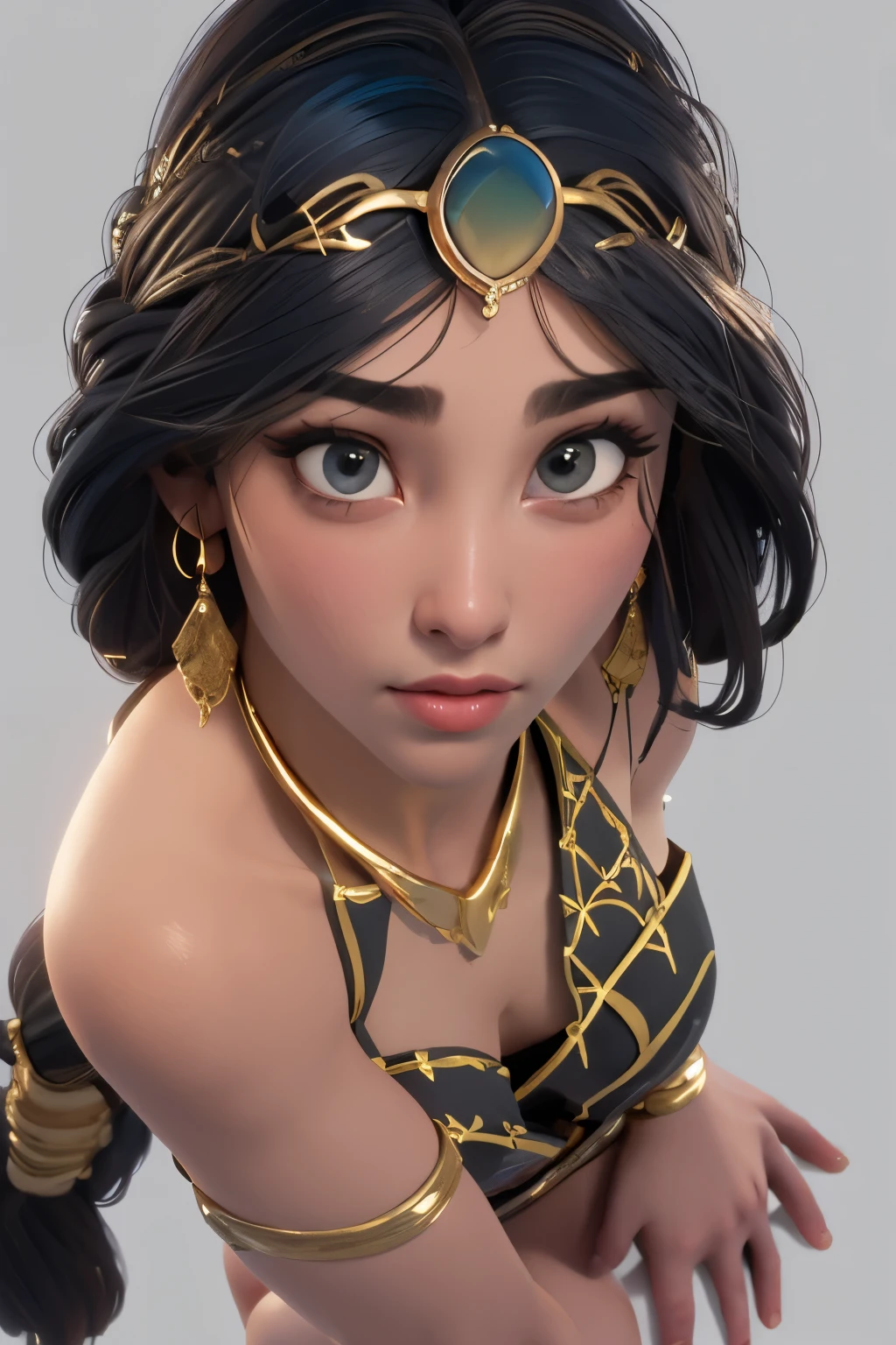 (masterpiece:1.3), (best quality:1.2), intricate details, (highly detailed skin:1.2), jasmine, (1girl:1.2), realistic, highres, beauty photo, tear drop , from above, cool mood, long hair , (black haircolor:1.3), Hourglass-Petite body shape, fill lighting, fcDetailPortrait, (tilted head:1.4), (sexy pose:1.3),  persian background , 