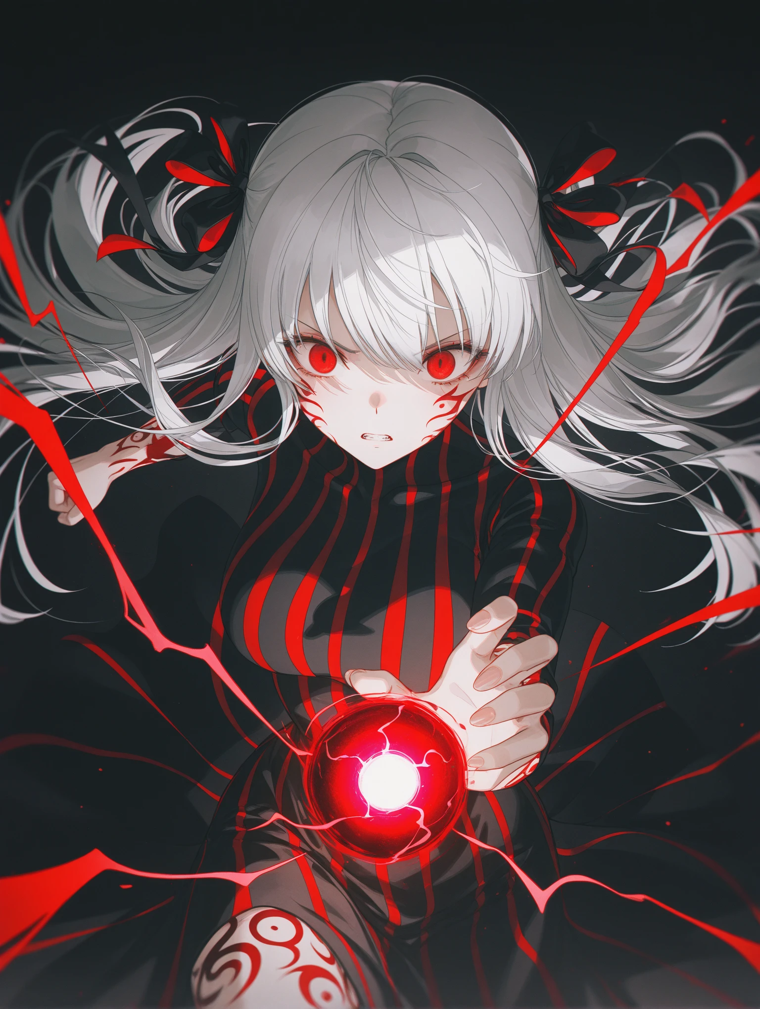 1girl, solo, black background, dark, wanke, z3zz4 Sakura Matou, white hair, red eyes, long hair, hair ribbon, body markings dark persona, corruption, red striped dress, long black dress, turtleneck teeth clenching, focus, serious, dynamic pose, fighting stance, holding dark energy, energy ball, red lightning, 
 ,masterpiece,best quality,newest,