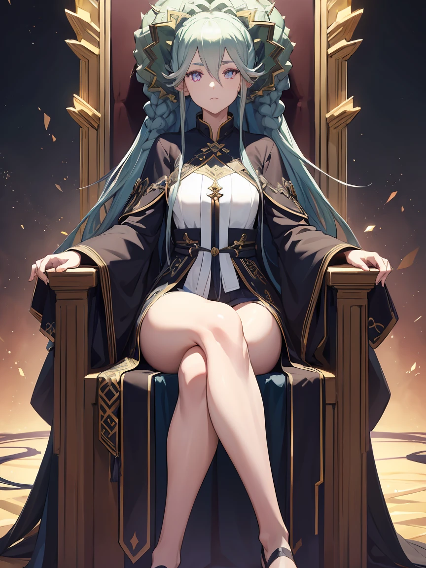 Tiamat (Tiamat) - Fate Grand Order
(((tmasterpiece, Best quality, super high resolution, CG unified 8K wallpaper, Best quality at best, ultra - detailed, ultra HD picture quality))), 1 girl sitting on the throne, black and long hair, game fairy, Golden clothes, Hanfu, yarn, flowing gauze, jewely, golden colored, Nice face, beautidful eyes, Beautiful hairstyle, Beautiful costumes, Structurally sound