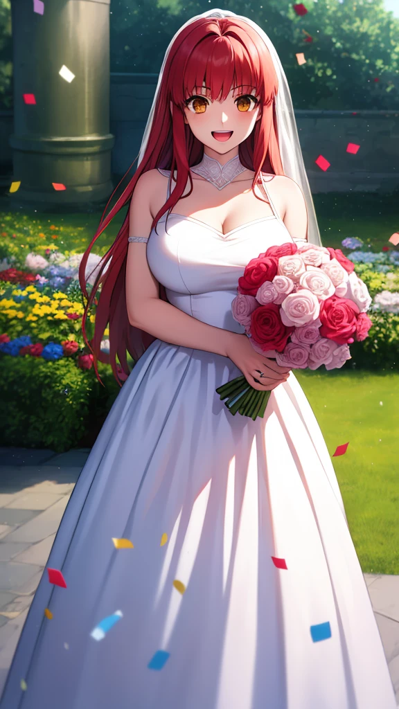 masterpiece, best quality, highres, girl, solo, looking at viewer, Shirou Emiya, Red hair, Brown Eyes, large breasts, wedding dress, standing, garden, confetti, holding bouquet, smile, open mouth,