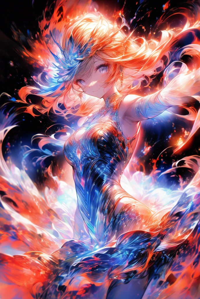 absurd, highres, ultra detailed, (ultra-detailed background, detailed background), extremely detailed, flame demon woman, adult woman, perfect adult face, 35 years old, (zentangle:1.2), (geometric:1.2), colorful, full body, sexy pose, short clothes, dragon tattoo, stars, tiny thong, almost naked, muscular, perfect body, vietnamese ornaments, demon of japanese culture