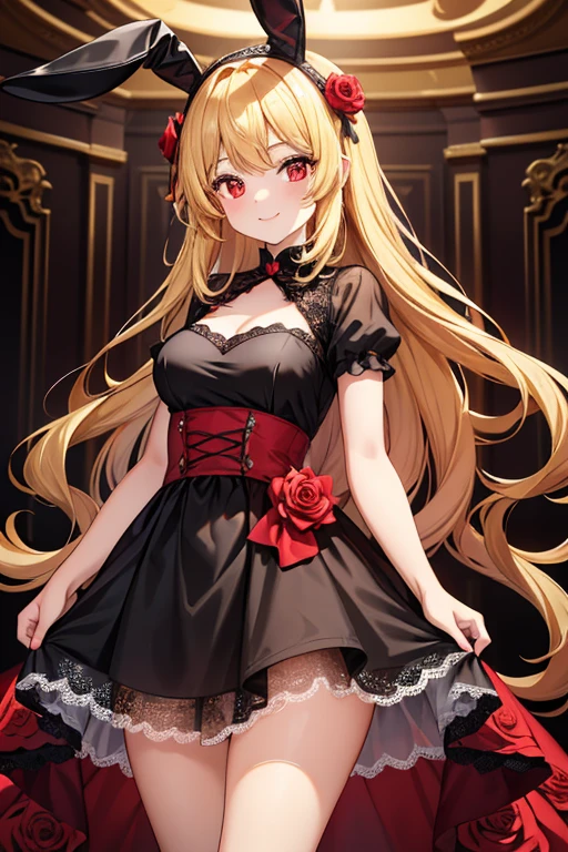  1 beautiful girl with pieces 　Shows up to the waist　 short　Baby Face　 long golden hair　Blonde　 princess cut　Red eyes　 bright smile　Red and black dress　Black lace　Red Rose　golden bunny ears