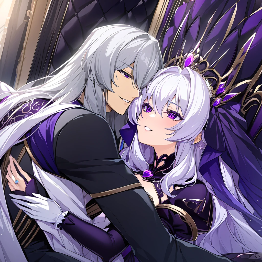 ((Highest quality)), ((masterpiece)), (detailed), (Perfect Face)、The woman is the evil queen Dark Extia, an evil transforming heroine with medium-long silver hair, wearing a gorgeous evil queen dress with gold embroidery and trim, gorgeous accessories, and an engagement ring. She has a happy expression on her face as she hugs the man, leans close to him, and kisses him.、The man is the evil king, Naioro, a handsome man with medium-long silver hair, wearing a black bodysuit, and embracing a woman as they make love.、A man and a woman are sitting close together on a luxurious throne, making love.、A man and a woman are a deeply loving couple