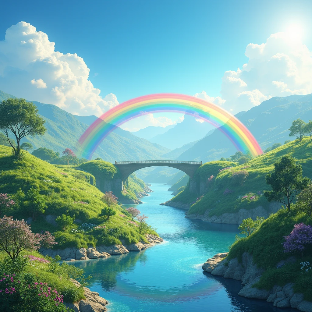 a beautiful rainbow bridge, a tranquil river, lush greenery, rolling hills, fluffy clouds in a blue sky, sunlight filtering through the clouds, a serene and peaceful landscape, highly detailed, photorealistic, 8k, HDR, vivid colors, stunning natural lighting, picturesque scenery, ethereal atmosphere, dreamlike quality