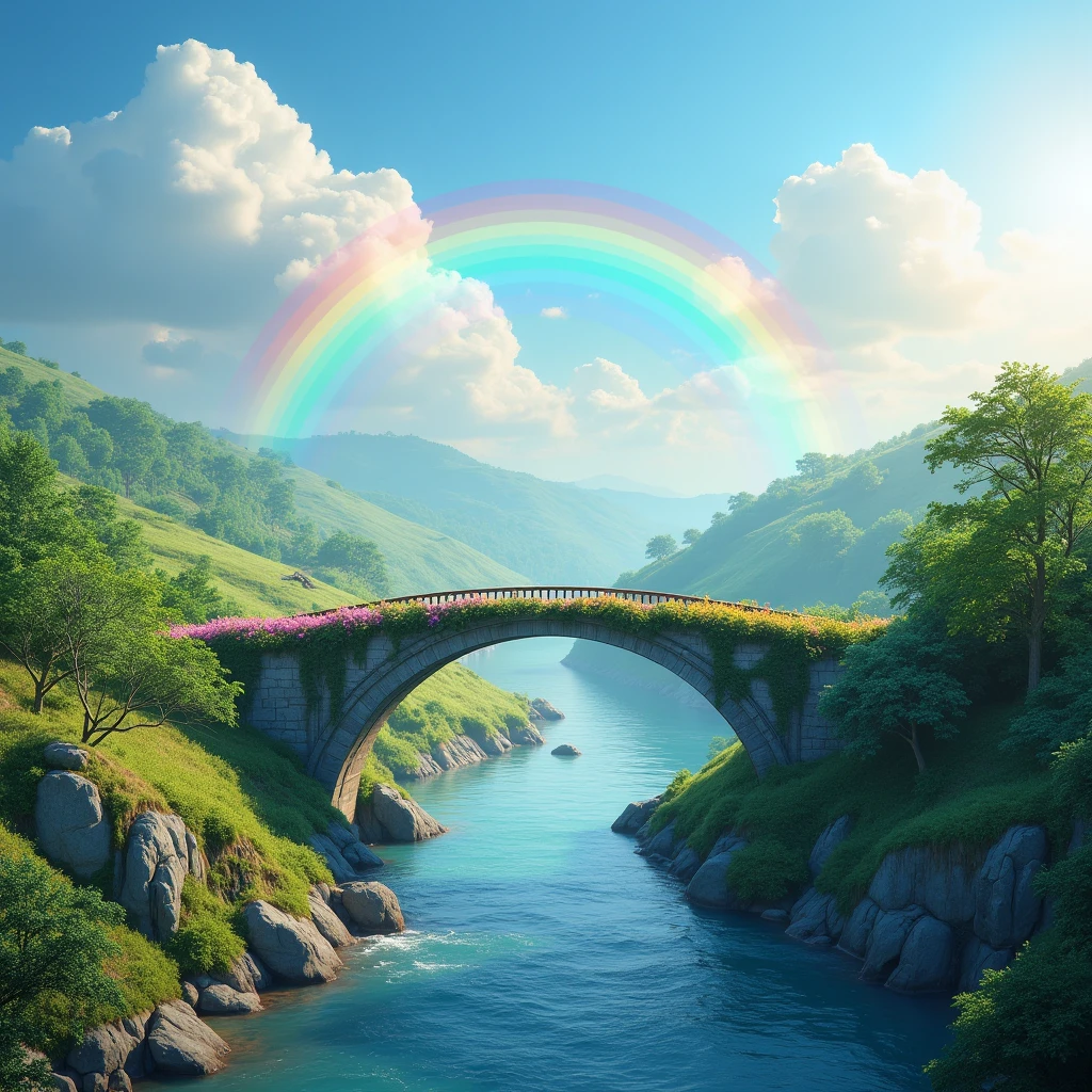 a beautiful rainbow bridge, a tranquil river, lush greenery, rolling hills, fluffy clouds in a blue sky, sunlight filtering through the clouds, a serene and peaceful landscape, highly detailed, photorealistic, 8k, HDR, vivid colors, stunning natural lighting, picturesque scenery, ethereal atmosphere, dreamlike quality