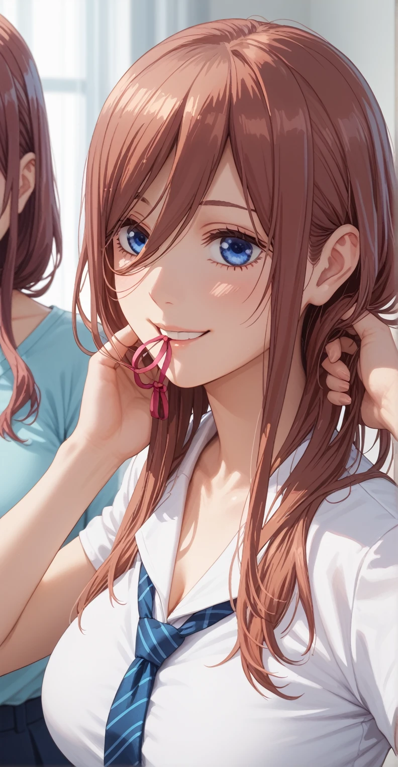  girl,  fit girl , score_9,  score_8_up,  score_7_up,  score_6_up,  No posts, 1peopleの girl, Nakano Miku, Long Hair, bangs,  blue eyes,  brown hair,  shirt, Hair between the eyebrows, Big Breasts, { naked woman_1.3}, smile,  close your mouth, Tying up hair, Bite barrettes ,  people ,  standing, 