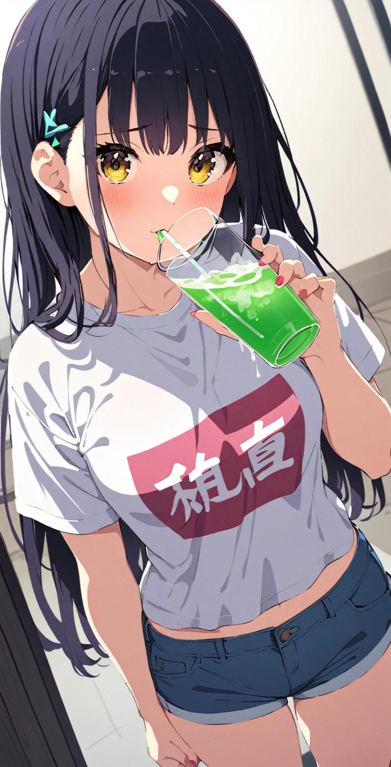 nagatoro :    A cute girl dressed in a t-shirt and short denim shorts,Sensual,      in front of me ,  holding a clear glass cup , full of cum, girl drinking  