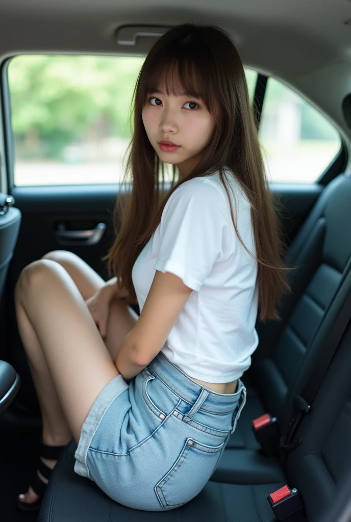 country road、sit with your legs spread apart、T-shirt、Only white panties underneath