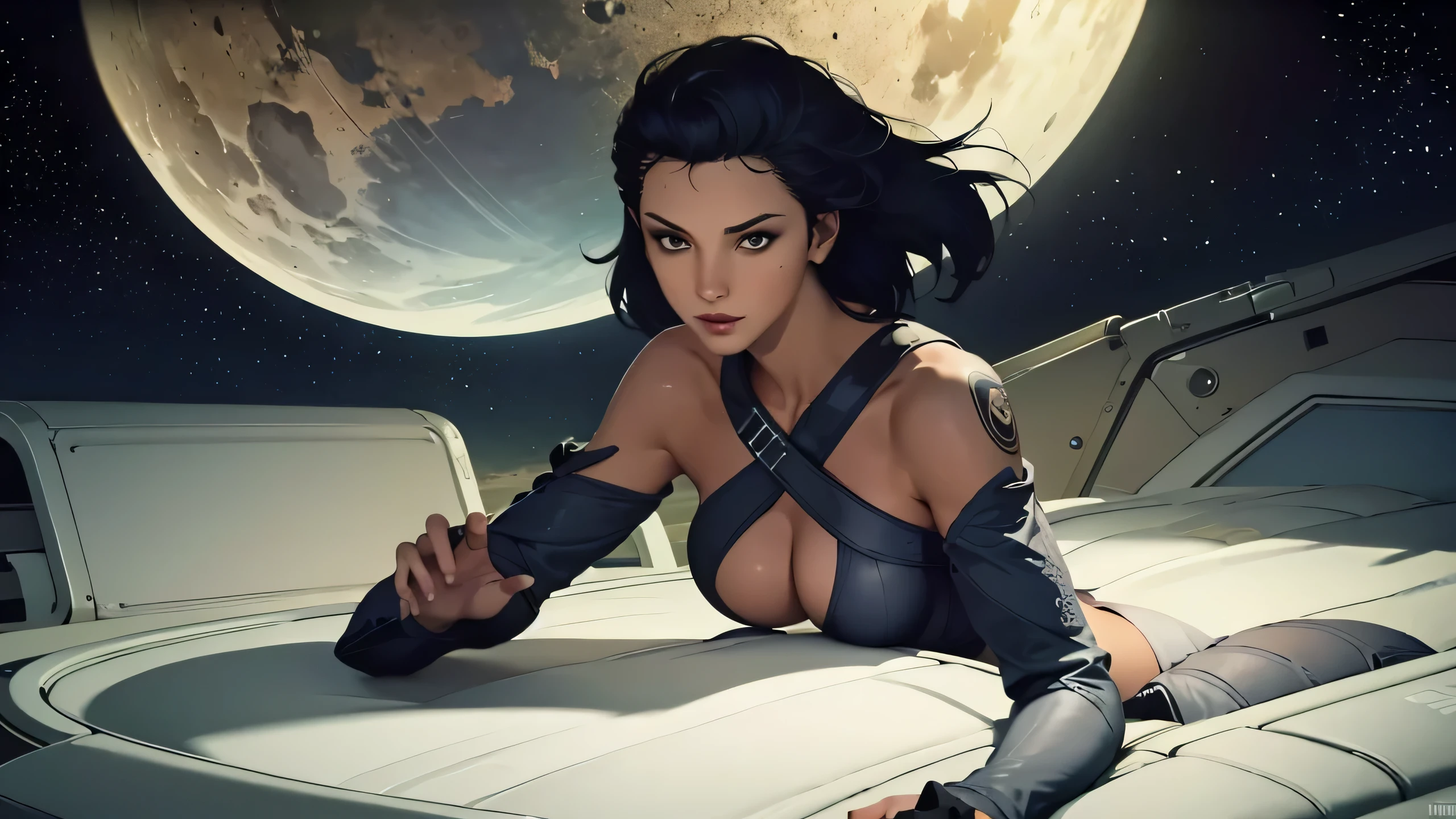 Planet with rings in the background, Women in spaceship(realisti:1.1), (photo-realistic:1.1), slim muscular body, saggy boobs, enormous boobs, on bed, Detailed, Rendering, Epic, Andreja from starfield, very tan, eastern european, black hair, Ambient lighting, very seductive pose, intricated, Sharp focus, soft-lighting, bright colors