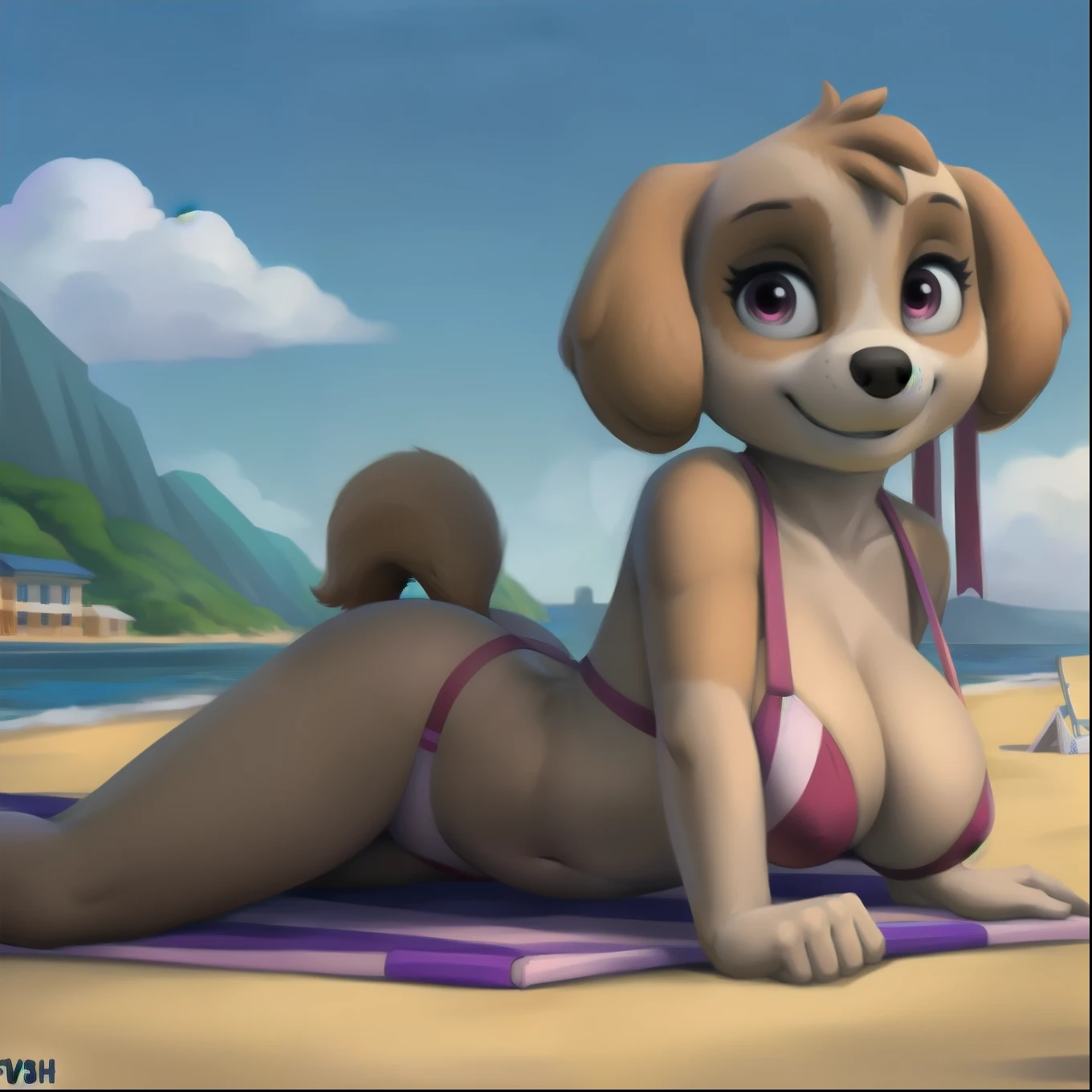 NSFW (nude) (Daphne Blake (human) sparse pubic hair), red hair, full body, fucking (Scooby Doo, four footed Great Dane dog with dog penis) on a deserted beach