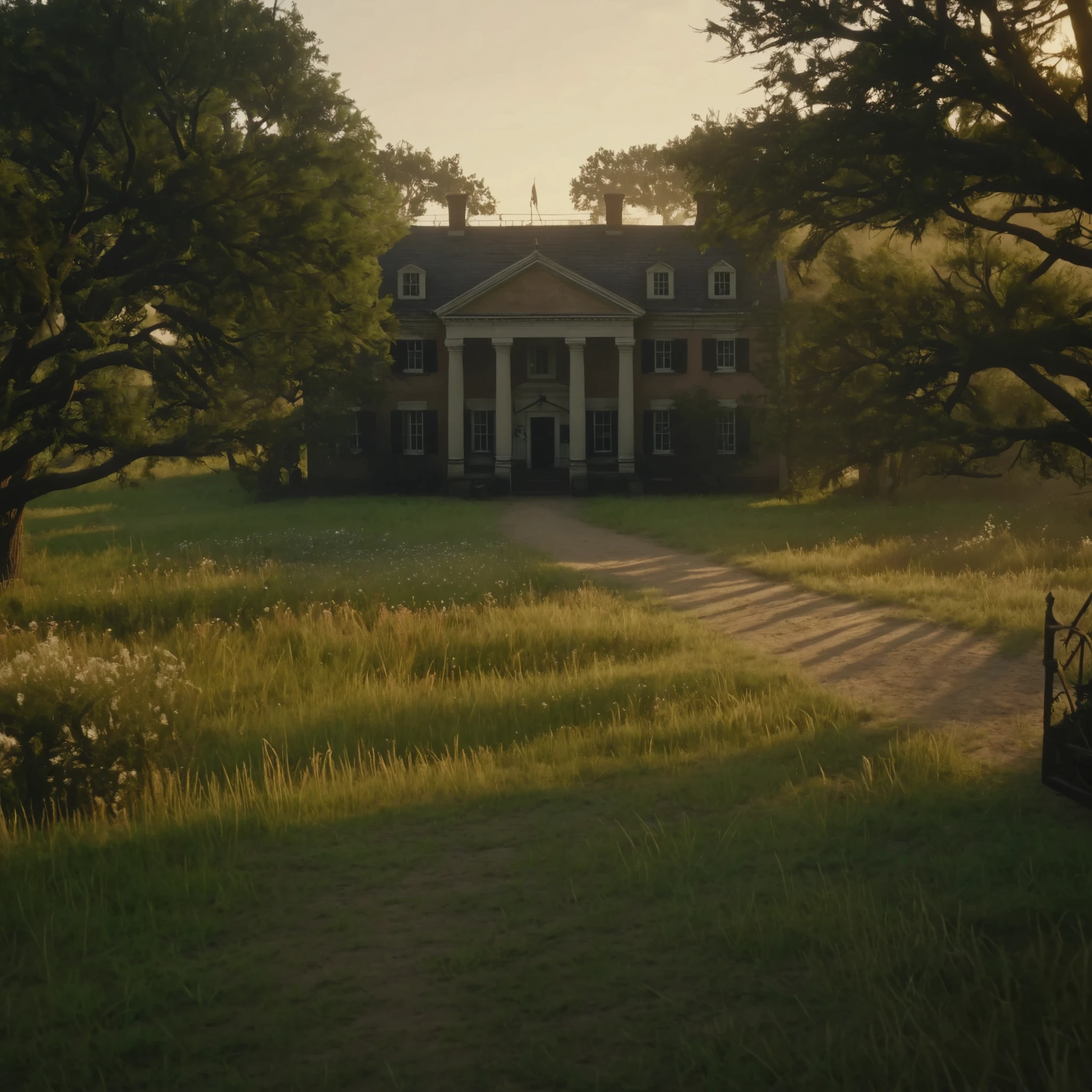 cinematic film still of cinematic film still of  large mansion  house big gate at the end of pathway, trees and pathway leading towards house  tress surroundings it , outlaws cowboys camping outside, Trent’s, waggons, campfire , outdoors,sky,cloud,tree,grass,ground,wildflowers, wildlife, vehicle,building,scenery,motor vehicle,car,house,bicycle , epic, Western, adventures, outlaw, Red Dead, Western United States, wild west,  Open world, 1900's, realistic, cinematic, film look, dramatic light, partially covered in shadows, gang, Western-themed action-adventure, Red Dead Redemption style, shallow depth of field, vignette, highly detailed, high budget, bokeh, cinemascope, moody, epic, gorgeous, film grain, grainy