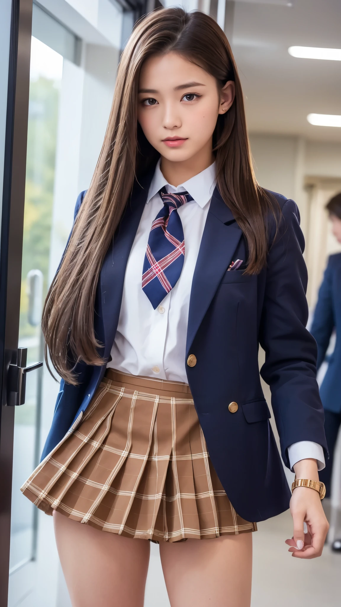(Highest quality, 4K, 8k, High resolution, masterpiece, Genuine, Realistic, Realistic:1.3), (upper body), Girl standing in a school changingroomand touching skirt, blue neckerchief Uniform, Dark Blown Blazer, blown plaid skirt, small ear piercing, Gal Makeup, wearing white collared shirts, ((brown straight long hair:1.3)), gold bracelets, 18-year-old, A small smile,Thighs, knees, From below, pinching skirt:0.7, open legs:0.8,