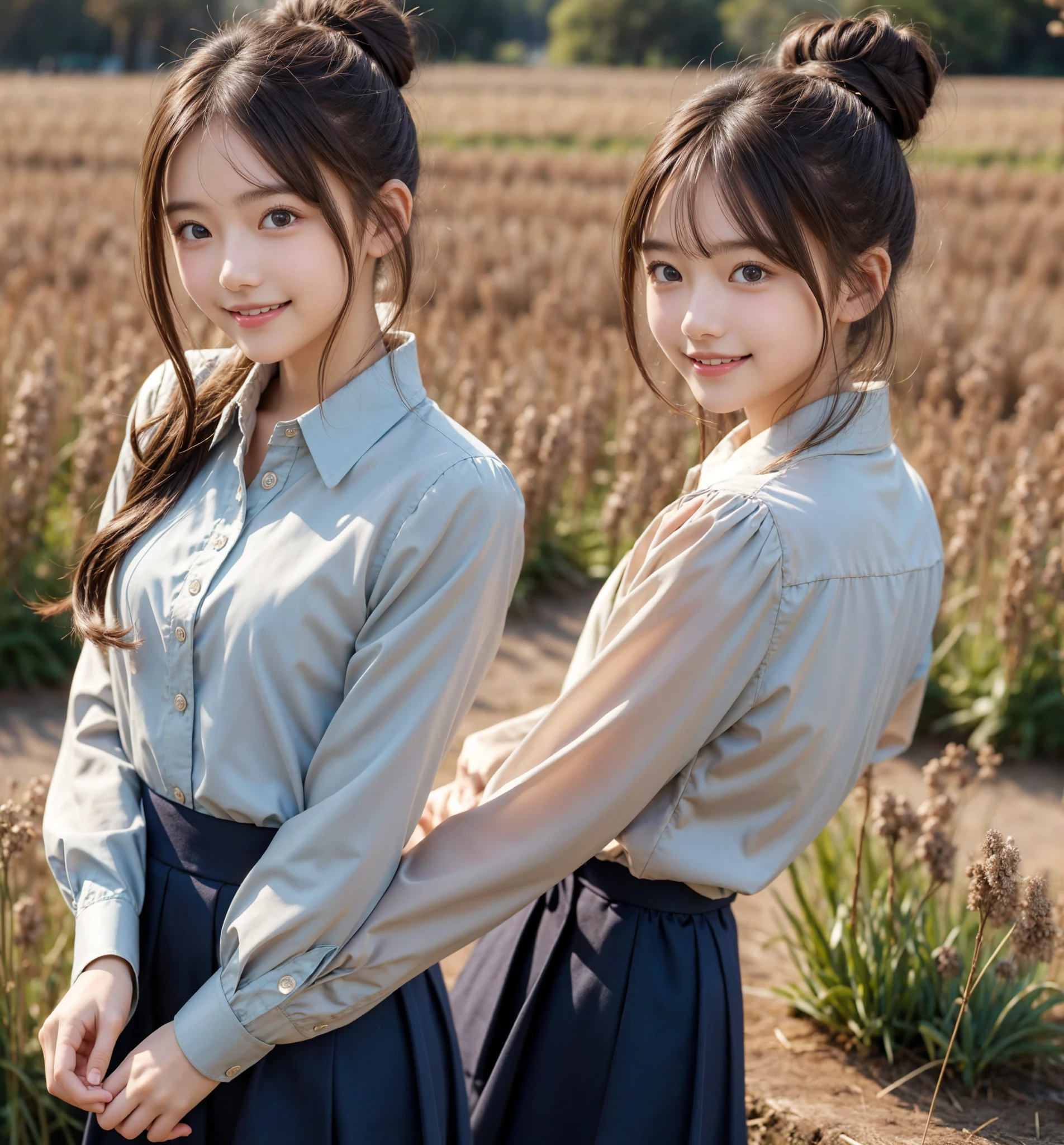  pretty girl , bun hair, brown hair,delicate,smile,masterpiece,field, long-sleeved blouse 