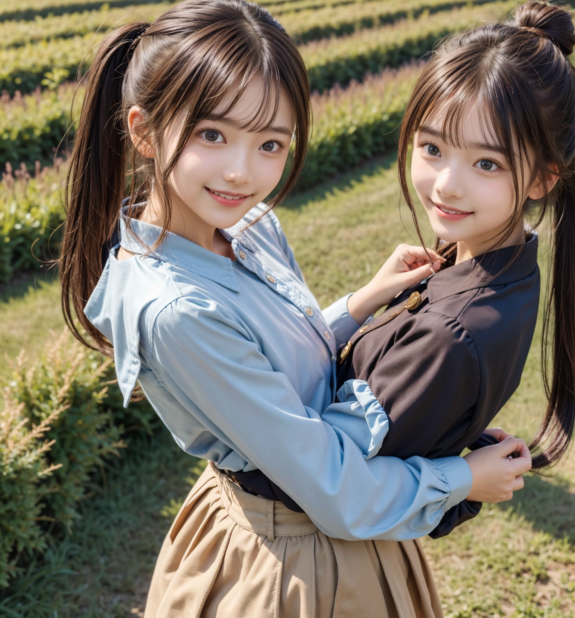  pretty girl , bun hair, brown hair,delicate,smile,masterpiece,field, long-sleeved blouse 