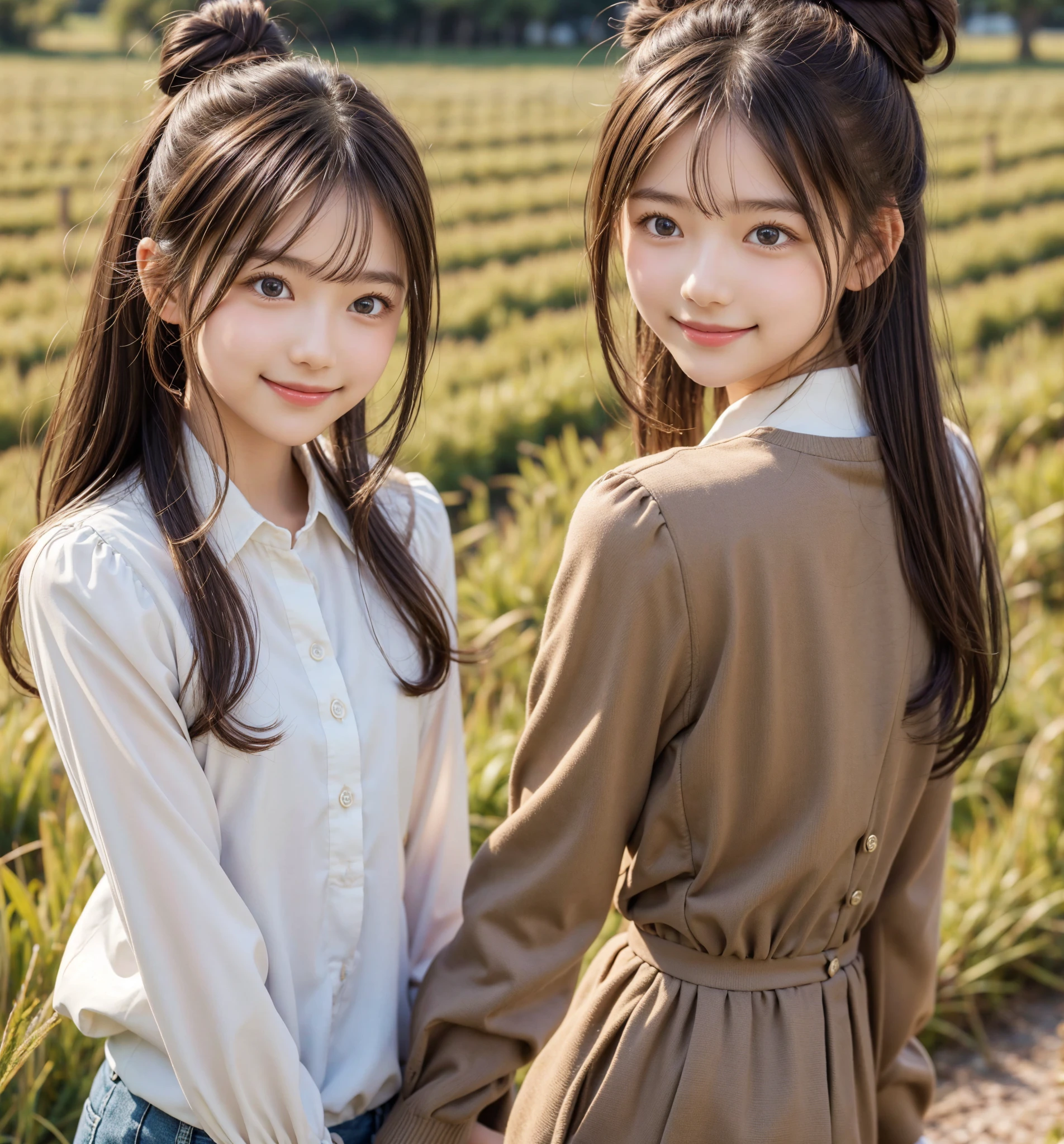  pretty girl , bun hair, brown hair,delicate,smile,masterpiece,field, long-sleeved blouse 