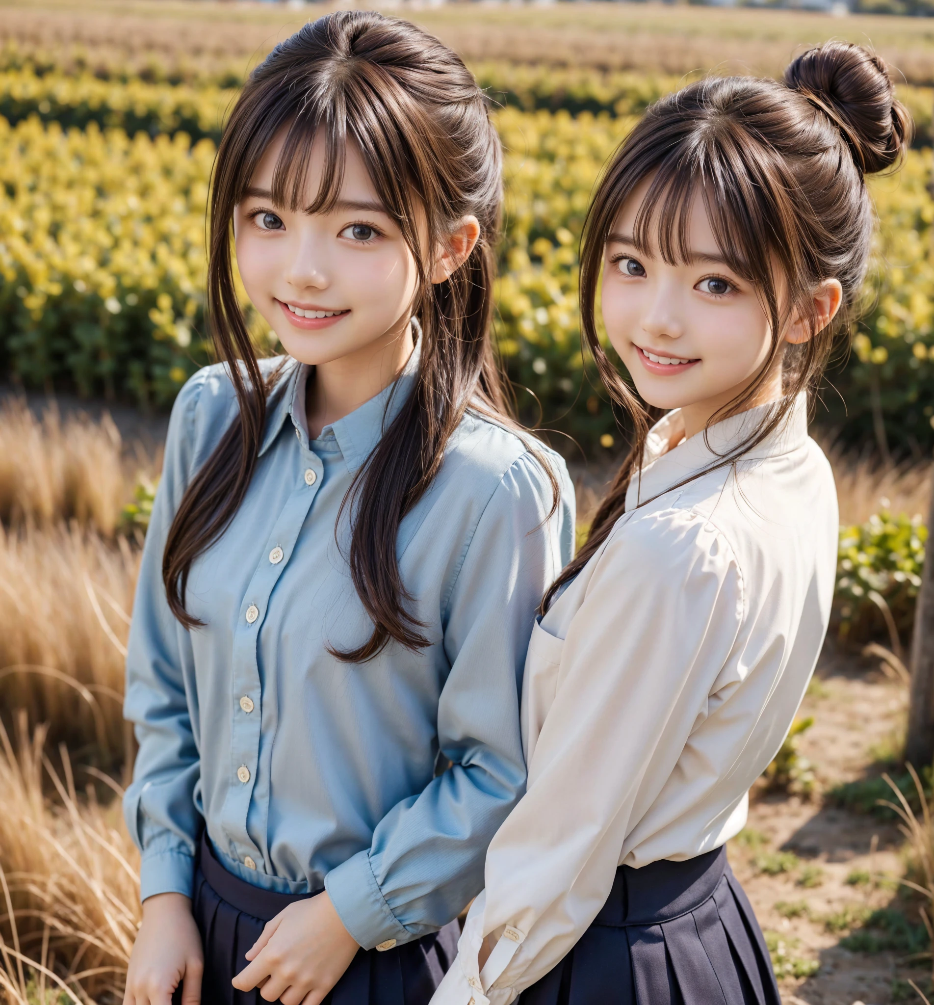  pretty girl , bun hair, brown hair,delicate,smile,masterpiece,field, long-sleeved blouse 