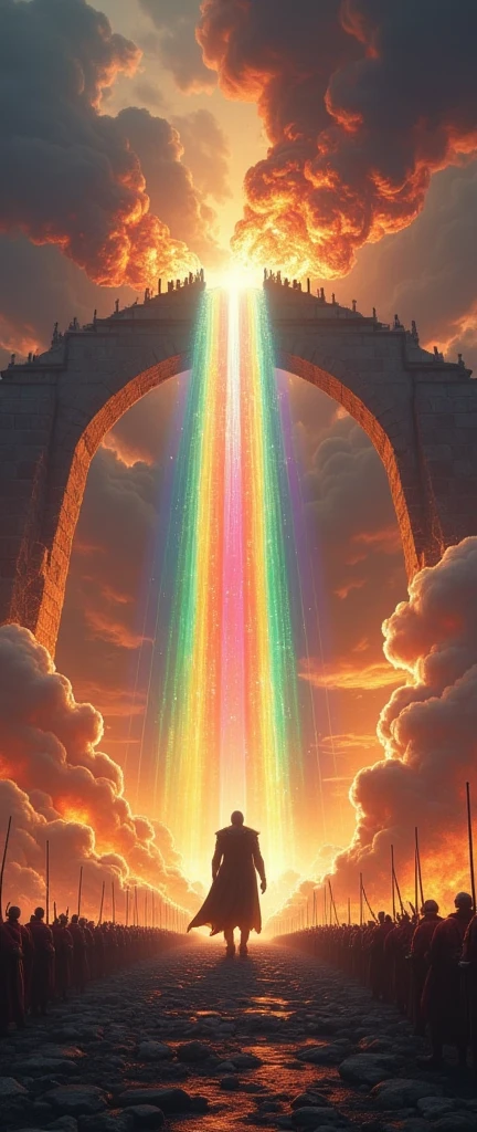 beautiful crystal-clear rainbow color transparent wide arch connecting the sky-land\(Asgard,heaven, many Æsir gods) and earth\(Midgard,the world of human, jotun army gathering\). 1God of Norse mythology\(Heimdall\(God,man, golden teeth,white skin,\)standing on the rainbow and blowing hunting horn . Ragnarök. everywhere burning with ruinous heavy fire.