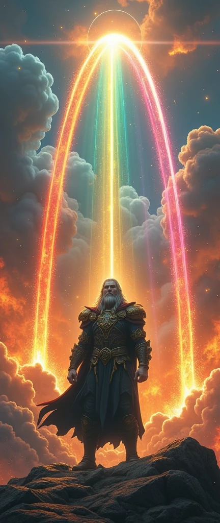 beautiful crystal-clear rainbow color transparent wide arch connecting earth\(Midgard,the world of human\) and floating sky-land\(Asgard,heaven,) .solo.1God of Norse mythology\(Heimdall\(God,man, golden teeth,white skin,\) standing on the rainbow and blowing hunting horn . Ragnarök. everywhere burning with ruinous heavy fire.