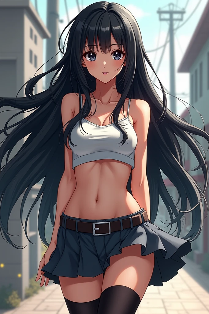 Create an image of a 20-year-old age woman .has a slim body. She has an angelic face with black brown eyes., White skin. its height is 1,70 meters and has a detailed physique with large, firm brear long hair, It is black brown and straight, just above your shoulders, Wear a white tank top, neckline, Sexy Bar MiShorts with Denim Thong, low rise, visible navel, thing legs, thin legs, long legs, walking. The posture is straight and firm, looking towards the camera with a smile