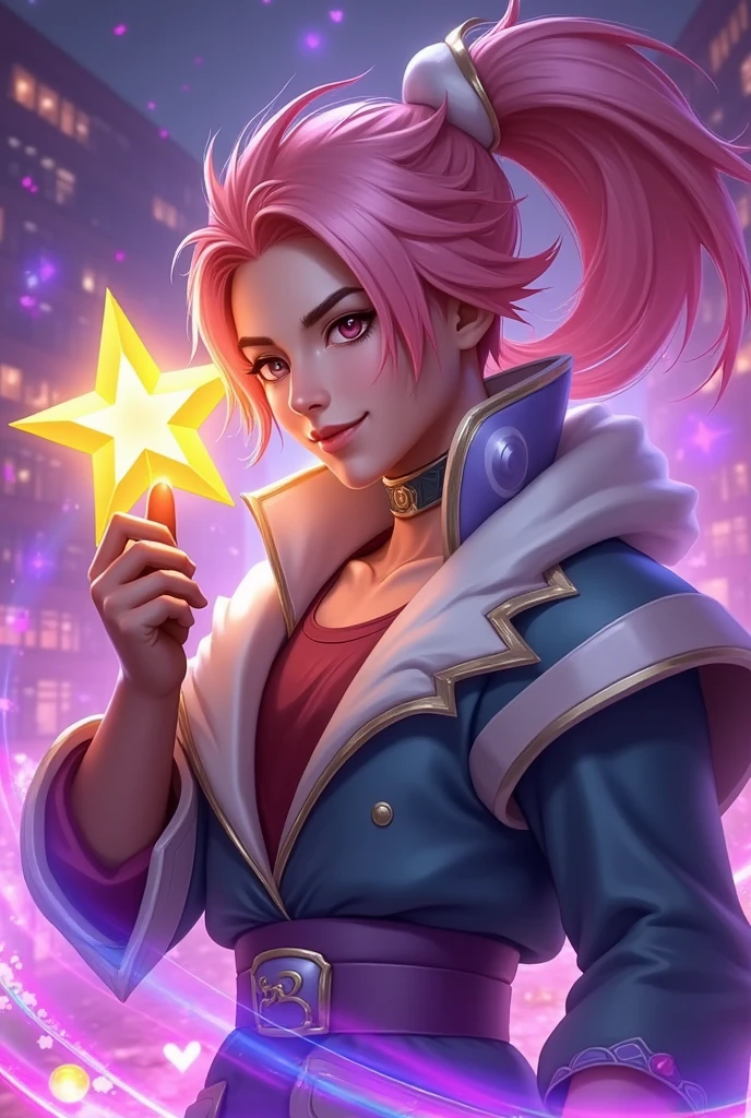 
A close up of Ezreal holding a star in a room, conceptual art inspirada em Huang Shen, Em alta no CG Society, conceptual art, hero pose colorful city lighting, kda,  Sakimichan Frank Franzzeta , reach murata and artgerm, Ezreal (league of legends, a skin,  extremely detailed artgerm, sakimichan, pink hair