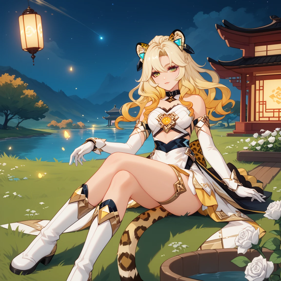 1girl, dress, jewelry, blonde hair, flowing hair, long hair, solo, white roses, jaguar ears, jaguar tail, firefly, oriental architecture, Chinese maid dress, yellow laces, white boots, gold details on her clothes, night, lake on the background, seat on the grass, a garden scenery, white roses, flowers, more details, perfectly body, perfectly hands, two hands, two legs, two arms, five fingers, glowing hair, best quality, gloves, white gloves, choker, detached sleeves, magical girl, white dress, strapless, skirt with layers, frills