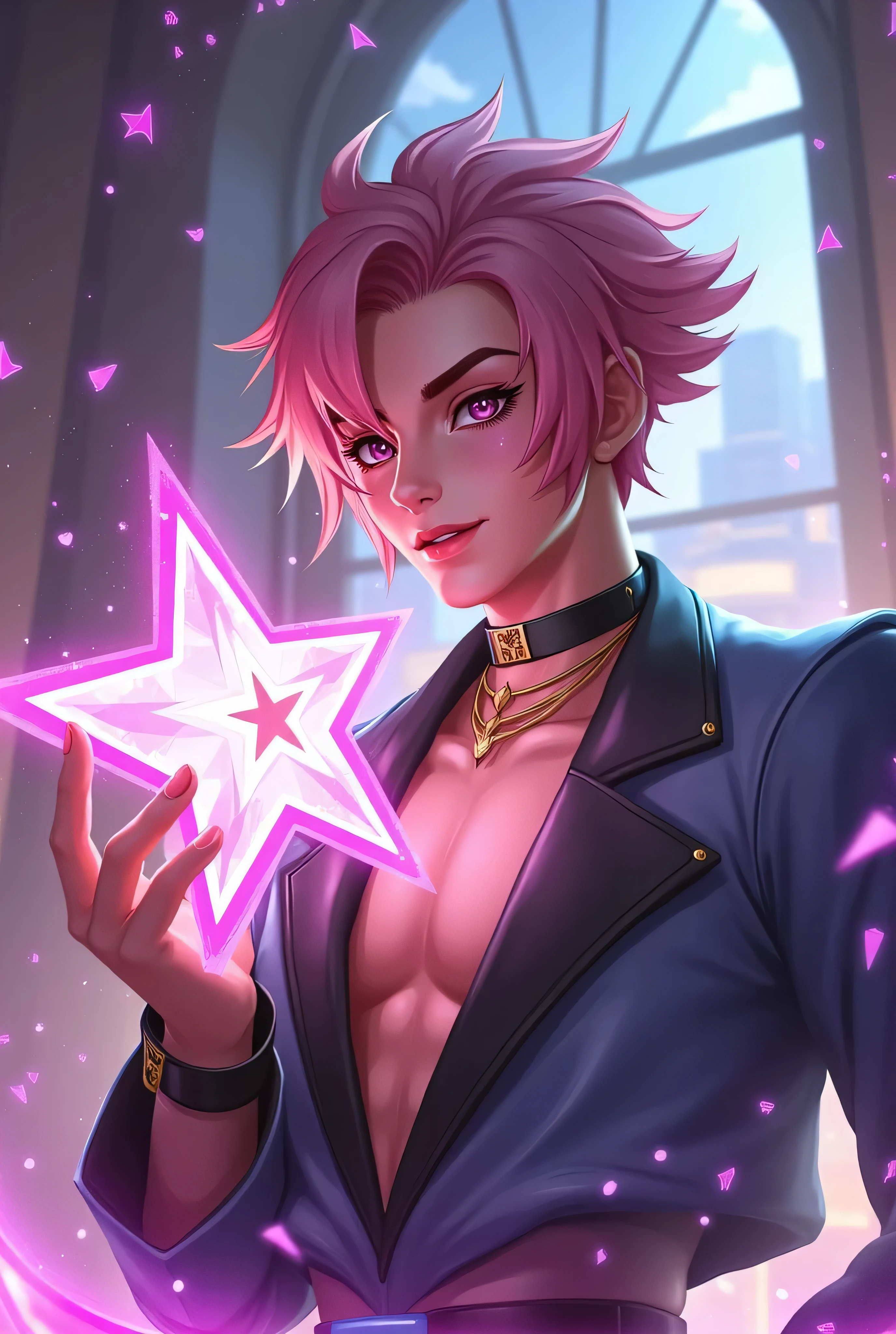 
A close up of Ezreal holding a star in a room, conceptual art inspirada em Huang Shen, Em alta no CG Society, conceptual art, hero pose colorful city lighting, kda,  Sakimichan Frank Franzzeta , reach murata and artgerm, Ezreal (league of legends, a skin,  extremely detailed artgerm, sakimichan, pink hair