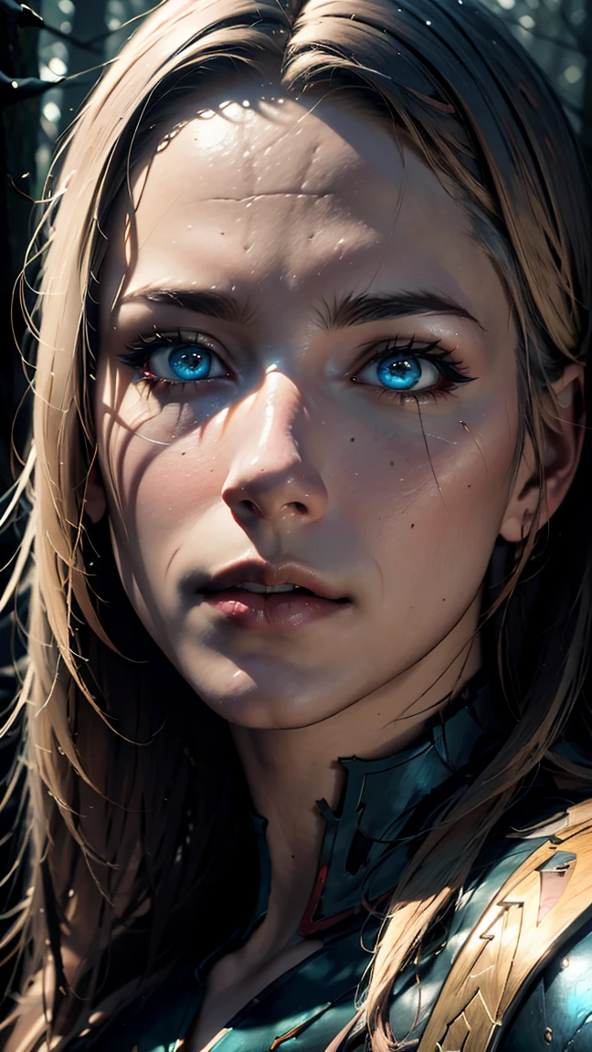 a female nordic warrior, detailed face, beautiful blue eyes, lush lips, long blonde hair, muscular athletic physique, fur armor, holding battle axe, standing in a snowy forest, dramatic lighting, cinematic composition, dark moody colors, fantasy art style, epic scene, (best quality,4k,8k,highres,masterpiece:1.2),ultra-detailed,(realistic,photorealistic,photo-realistic:1.37),dramatic lighting,dark moody colors,fantasy art style