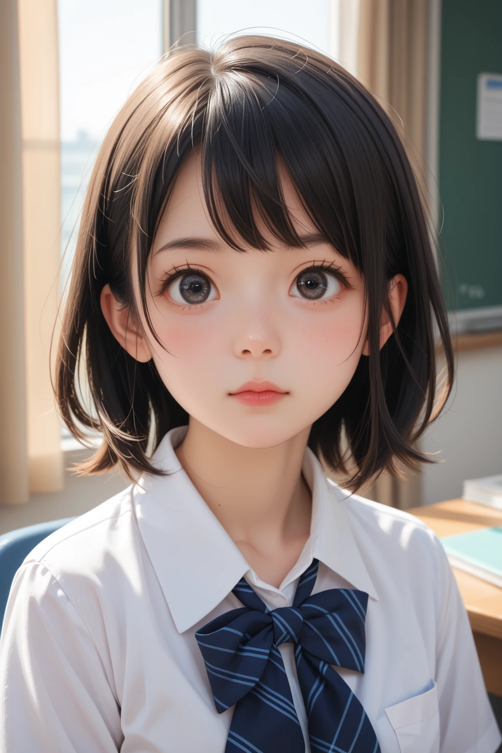 score_9,score_8_up,score_7_up,BREAK, rating_safe,source_real,one girl,tiny,medium shot,round face,centripetal face,round chin,big eyes,droopy round eyes,idol eyes,black eyes,school uniform,small nose,small mouth,straight hair,looking at viewer,medium breasts,indoors