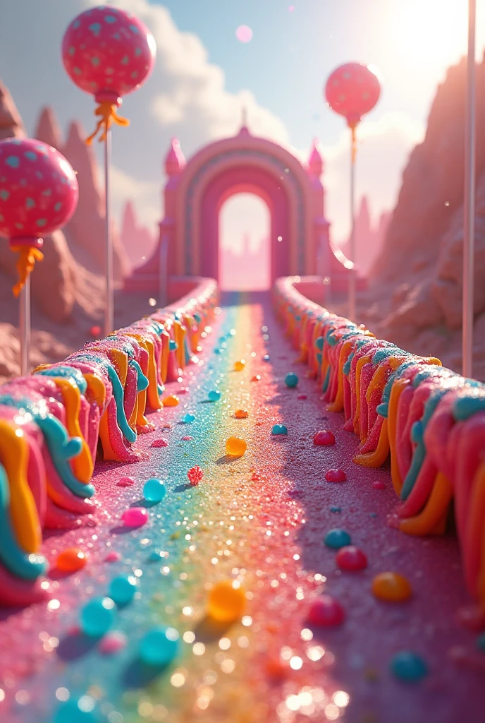 a rainbow bridge made of candy, 3d, hyper realistic, ultra-detailed, (best quality,4k,8k,highres,masterpiece:1.2),ultra-detailed,(realistic,photorealistic,photo-realistic:1.37), intricate, vivid colors, glossy, shiny, candy texture, detailed candy materials, cinematic lighting, dramatic shadows, volumetric lighting, fantasy, magical, whimsical, surreal