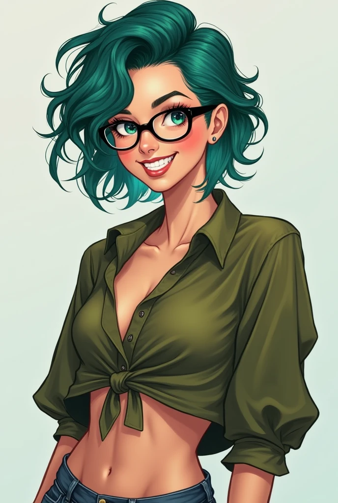 Masterpiece, best quality, 1girl, solo, 23 years old, adult, teal and green hair, messy hair, asymmetrical hair, ahoge, very short hair, aqua eyes, medium breasts,  toned, 167cm, pale skin, glasses, grin, olive green shirt, jeans, midriff peek,