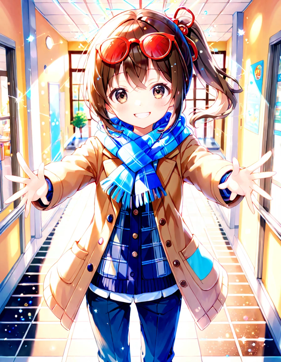 1girl, , Elementary school girl, brown hair, big eyes, black eyes, ((red round eyewear)), side ponytail, smile, blushful, cute, kawaii,

BREAK
long sleeves, standing, closed eyes, cowboy shot, pants, indoors, grin, ^-^, denim, outstretched arms, facing viewer, breath, stairs, reaching towards viewer, brown coat, fringe trim, plaid scarf, blue scarf, duffel coat, glitter particles floating around,

BREAK
soft focus, looking view, lens flare, bright, natural color, high-res, super delicate, ultra detailed, 8k, influenced by manga and anime. Light lines and warm pastel colors give the impression of a sketch.