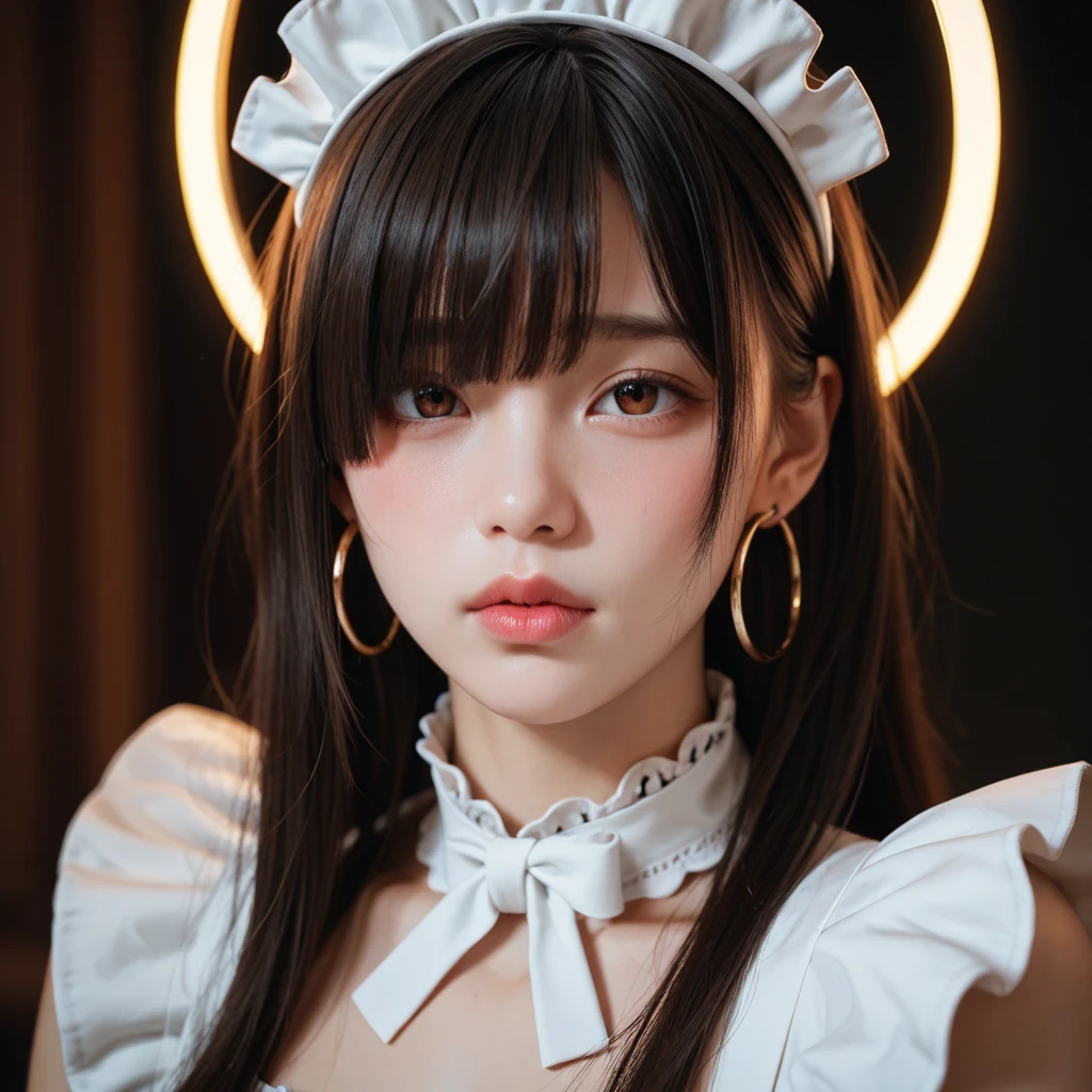  high res, masterpiece,  bangs,Blushing,  slightly stretch your lips, Hoop earrings ,  hair covers one eye, 齐 bangs, The whole face turns red,  in the eyes,  seven-part lens, Maid headdress, Halo, 