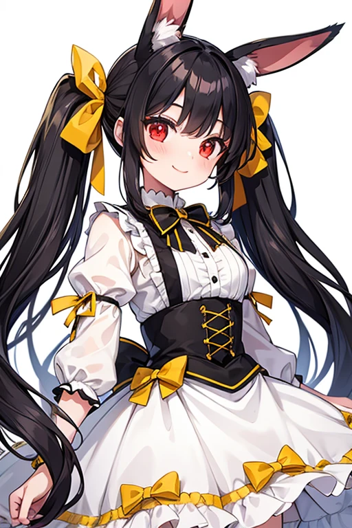  1 beautiful girl with pieces 　Shows up to the waist　 Black Long Hair 　 twin tails　Red eyes　 bright smile　white and yellow sweet ****ta clothes　 White and Yellow ****ta Outfits　Black rabbit ears