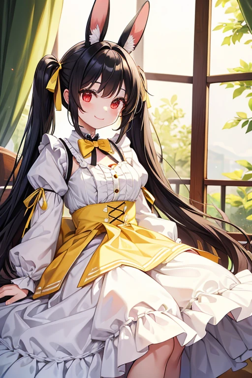  1 beautiful girl with pieces 　Shows up to the waist　 Black Long Hair 　 twin tails　Red eyes　 bright smile　white and yellow sweet ****ta clothes　 White and Yellow ****ta Outfits　Black rabbit ears