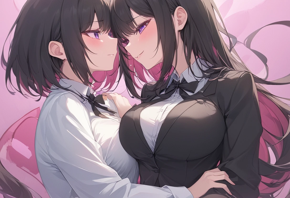 Two Women、young、Black Hair、Short Hair、Large Breasts、Showing cleavage、Wearing a suit、Open clothing、Kissing、Bedroom