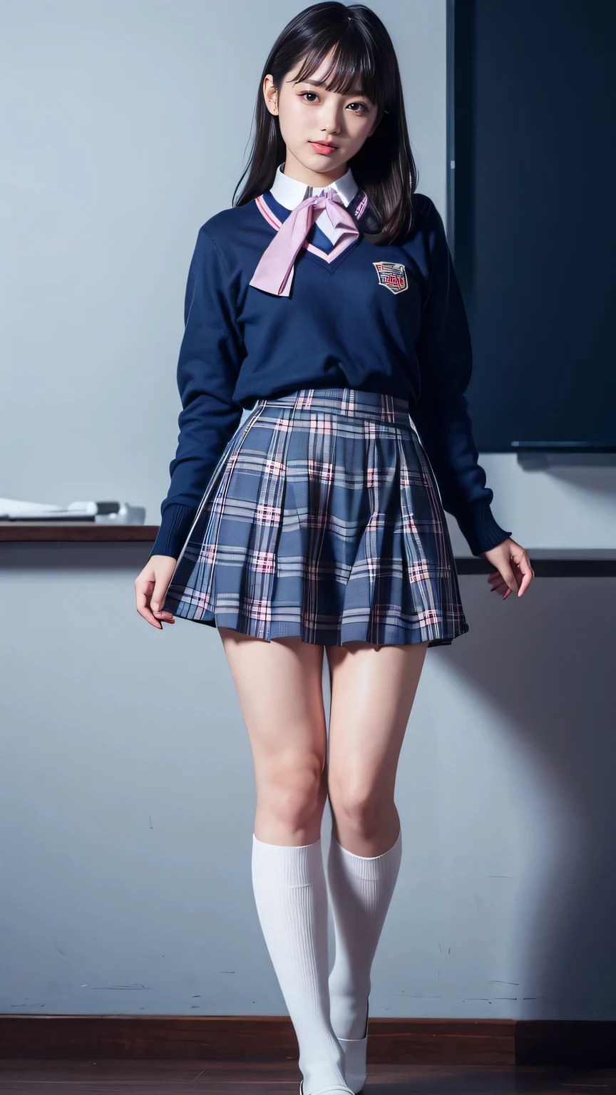 (Highest quality, 4K, 8k, High resolution, masterpiece, Genuine, Realistic, Realistic:1.3), (upper body, from below), Girl standing in a school changingroom, grin:1, phisically accurate, ((wearing white collared Uniform with blue neckerchief, dark blue sweater, dark blue plaid skirt)), ((pink striped pattern underwear)), 18-year-old, bangs, A small smile, Thighs, knees, From below, pinching skirt:0.7, open legs:0.8,