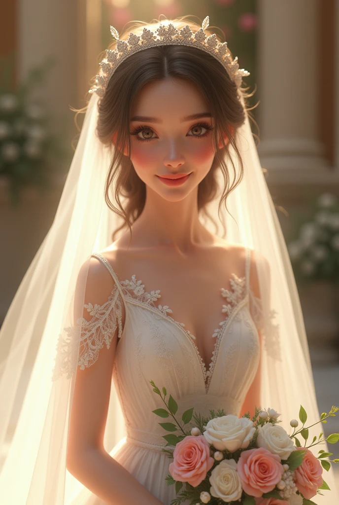 Imagine a woman with blue eyes and brown hair wearing glasses and long hair dressed as a bride looking forward and smiling . drawning