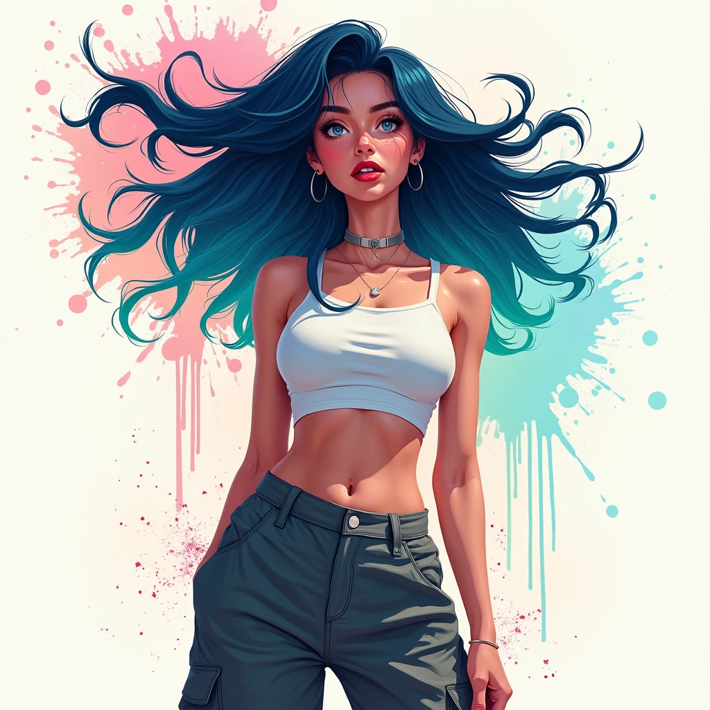 samdoesarts style award winning half body portrait of a beautiful woman in a croptop and cargo pants with ombre navy blue teal hairstyle with head in motion and hair flying, paint splashes, splatter, outrun, vaporware, shaded flat illustration, digital art, trending on artstation, highly detailed, fine detail, intricate