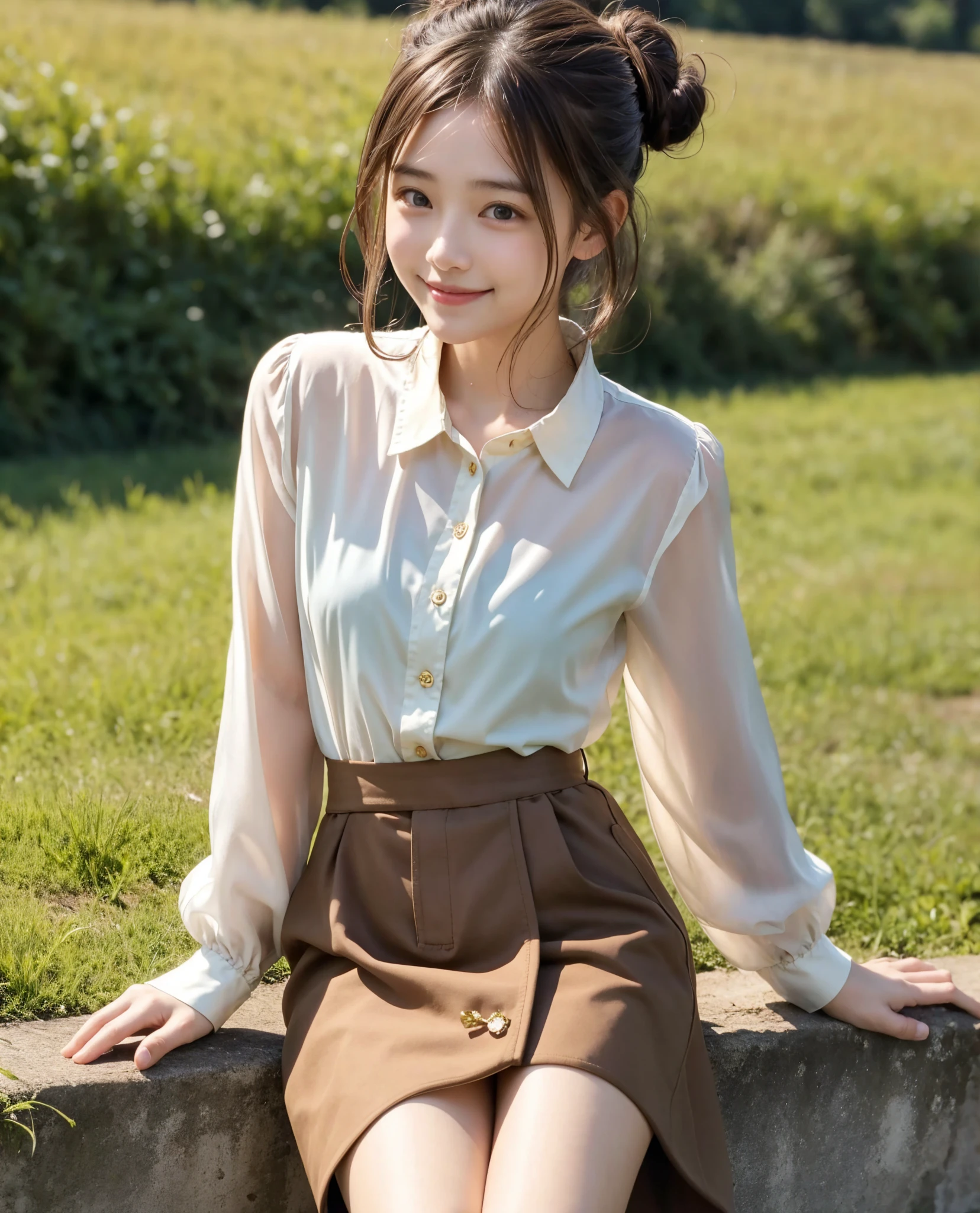  pretty girl , bun hair, brown hair,delicate,smile,masterpiece,field, long-sleeved blouse 