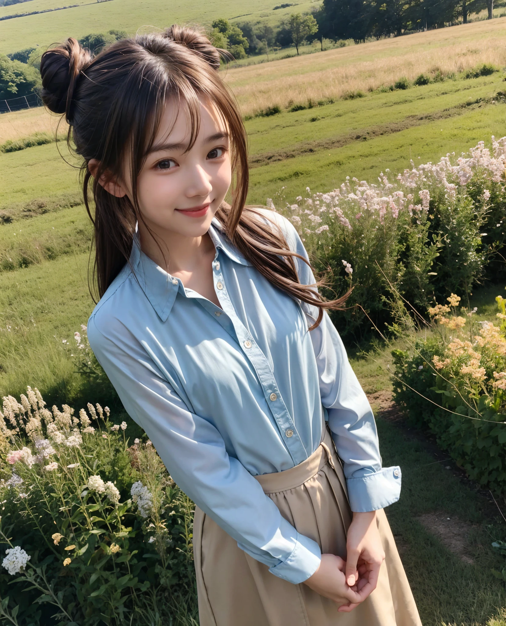  pretty girl , bun hair, brown hair,delicate,smile,masterpiece,field, long-sleeved blouse 