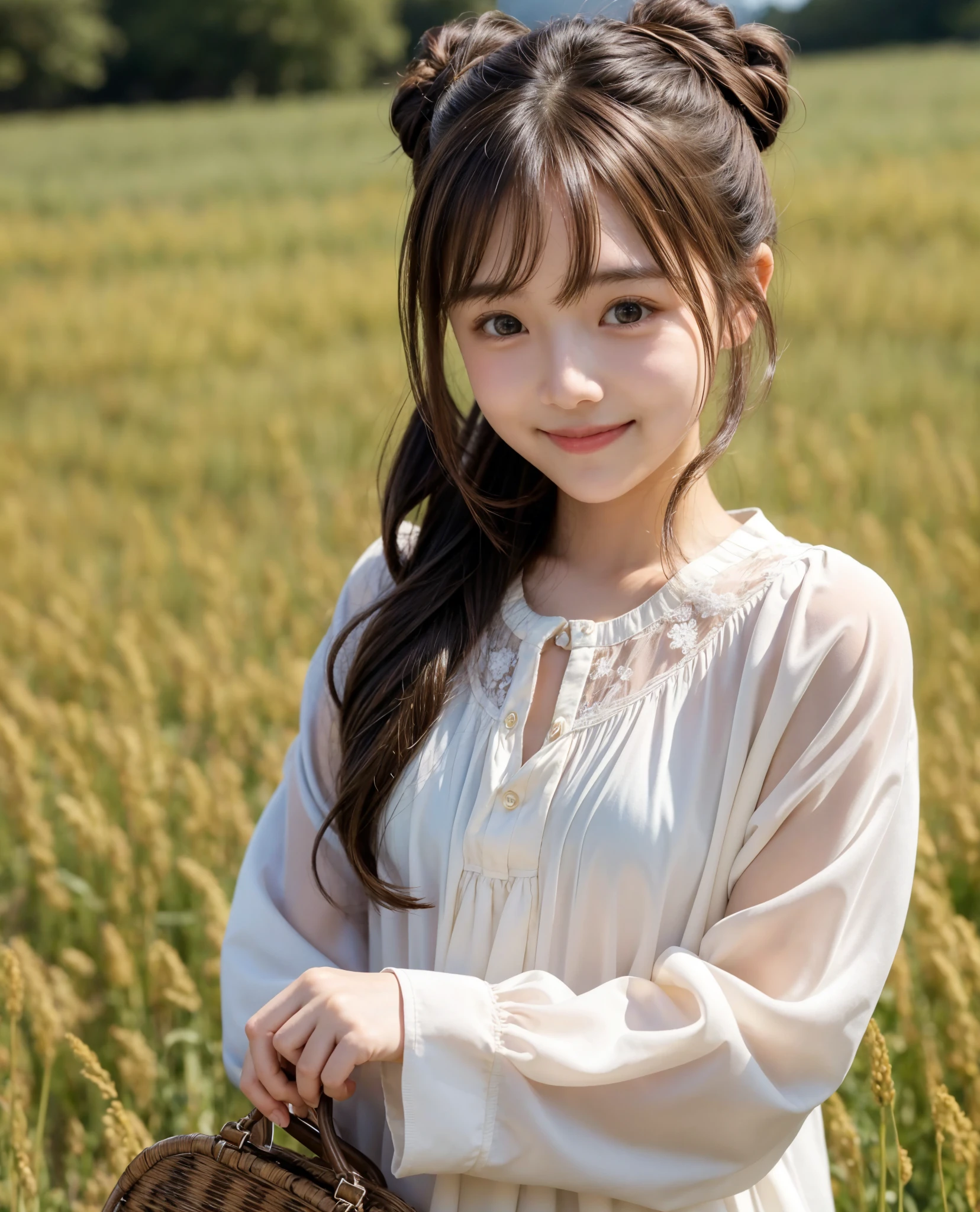  pretty girl , bun hair, brown hair,delicate,smile,masterpiece,field, long-sleeved blouse 