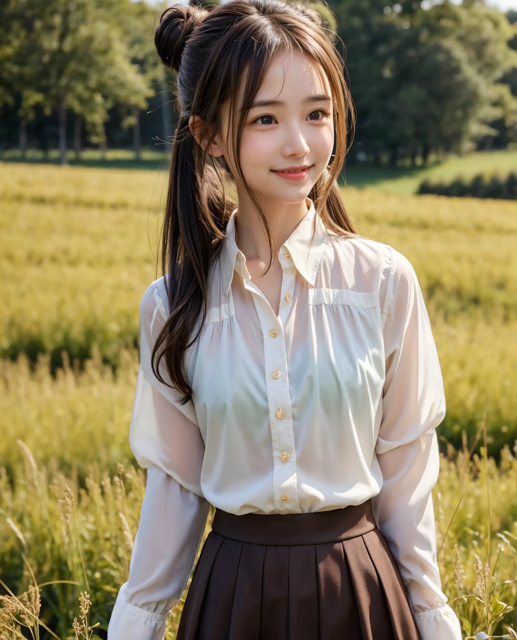  pretty girl , bun hair, brown hair,delicate,smile,masterpiece,field, long-sleeved blouse 