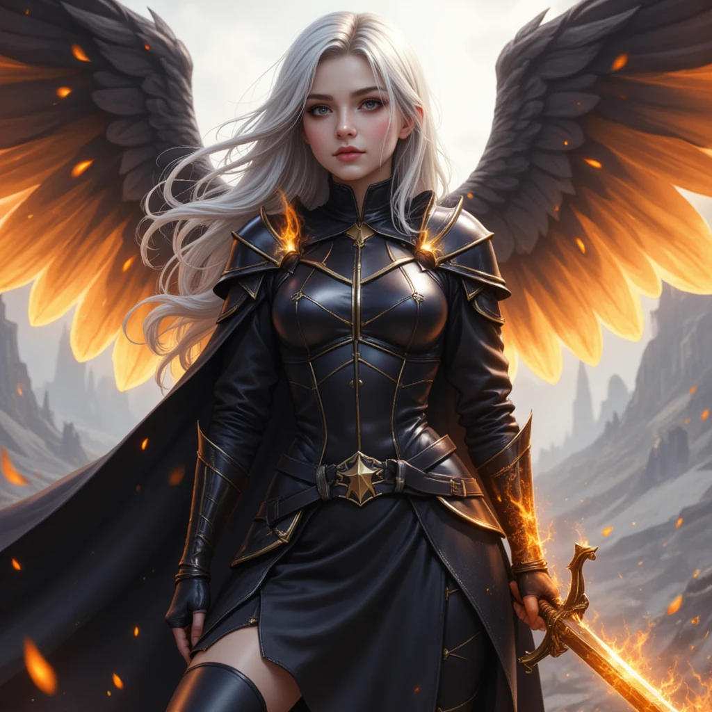 ((super fine illustration, 8k, Masterpiece :1.2, Sharp focus :1.2, depth of field:1.2)), Beautiful swordswoman, absurdity, Highly detailed face and skin texture, silver hair, jet-black armor, flame armor, cloak wrapped in flames, sword wrapped in flames, flame wings, determination to overcome sorrow, A sign of determination in your gentle eyes , strong soul