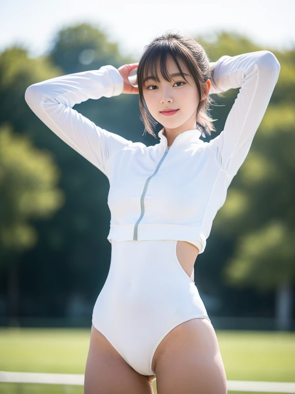 NSFW,masterpiece,(best quality:1.4),(8k,raw photo,photo realistic:1.2),best quality,high quality, masterpiece,detailed,high resolution,shiny skin,detailed skin,detailed face,detailed eyes,detailed hands and fingers,lightning body,Japanese 18-22years-old girl standing in field track in athletics school park,long-sleeved white tracksuit top,white leotard with navy blue micro 
 high-leg briefs,white high socks,1,bangs,white sports shoes,she has thick armpit hair,she has thick pubic hair,a little smile,thighs,knees,crotch,short cut hair,low ponytail,from below
,autumn,blue sky,