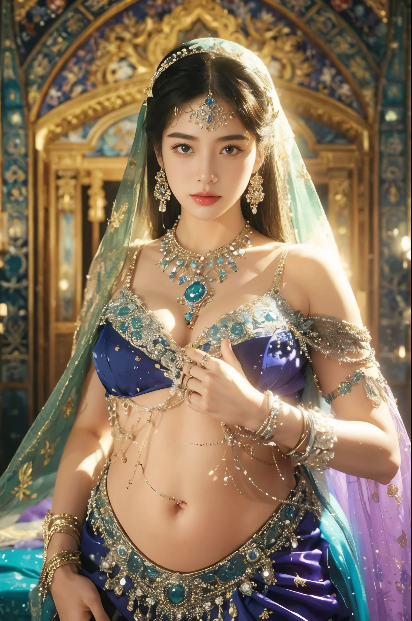 best qualtiy, tmasterpiece, 超高分辨率, (realisticlying:1.5), RAW photogr, 1girll, silber hair, long hair,hair adornment shoulders,Cold and glamorous,Raised sexy,Cyan and pink tulle dress, Detailed scenes, amazing pose, Eye-catching accessories, Picturesque
