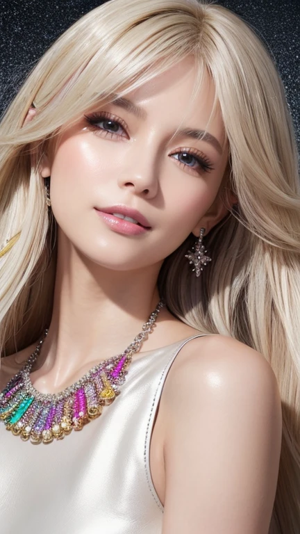  Italian Model, 美しいsmile,  lip gloss,  long eyelashes ,  close-up photography , (Large sparkly necklace), (big shiny bracelet), Daytime scene,  COLORFUL MULTI-COLOR HIGHLIGHTS , Improve, ((( Platinum Blonde Stylish Hair))), (( business style dark grey leather dress )), Sweet and ,   gaze 、 latex 、 Knee High Boots 、face-closeup、
Huge 、  LONG BROWN HAIR、Sparkling,  oily skin 、 growing skin that does not depict the nasal cavity、 white skin、Flying debris,  best quality, Realistic,  Very detailed, finely,  high definition ,  8k dende wallpaper,  Beautiful Women,,  Light Brown , Disheveled Hair,  sharp concentration, Perfect dynamic composition,  beautifully detailed,  detailed hair, Detailed Realistic skin texture, smile,  Closeup Portrait,  model body type、face-closeup