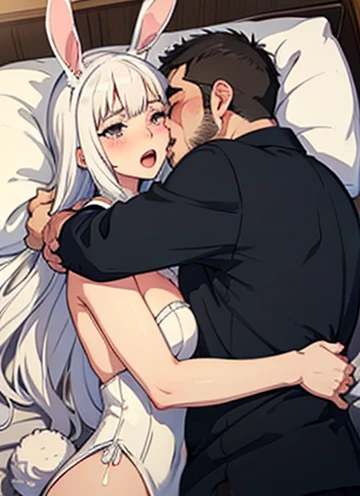 White-haired long-haired bunny girl and fat man hugging and kissing，Big breast beauty， blush，Open mouth，White hair，Bunny girl costume， lying in bed 