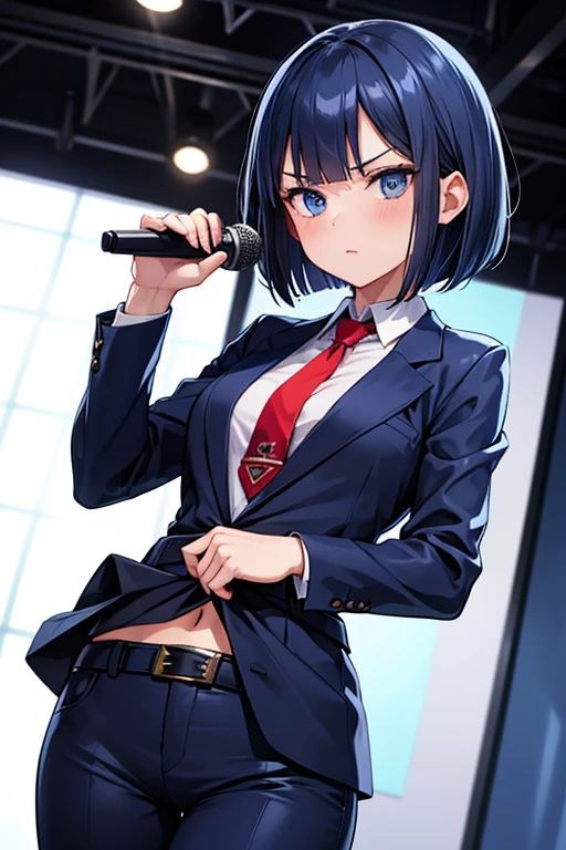  1 beautiful girl with pieces 　Shows up to the waist　 dark blue bob hair　 blue eyes　Glare　 navy blue suit　 navy blue pants　 red tie 　belt　Rapper　 having a microphone