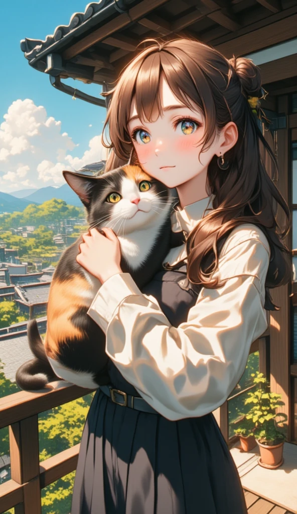  best quality、Girl holding a calico cat 、Balconyに座る***and a calico cat ,  cute  girl 、 brown hair bunting hair、Black Cat、natureな見た目、Long Hit、nature、An old Japanese house 、Eaves、Balcony、