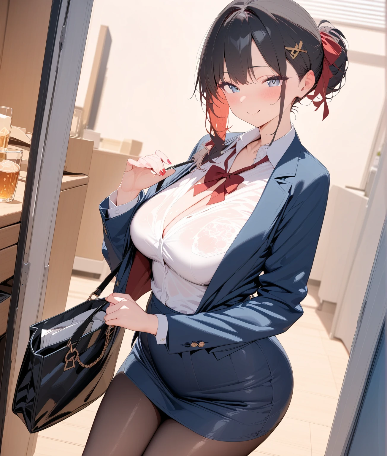 (masterpiece, top quality, best quality, beautiful and aesthetic:1.2),(8k, best quality, masterpiece:1.2),erotic picture,anime,cute,1girl, D-cup tits,office_lady, black jacket, white blouse, tight skirt, black pantyhose, small bag, smile drunk blush,background outdoor yatai stall night